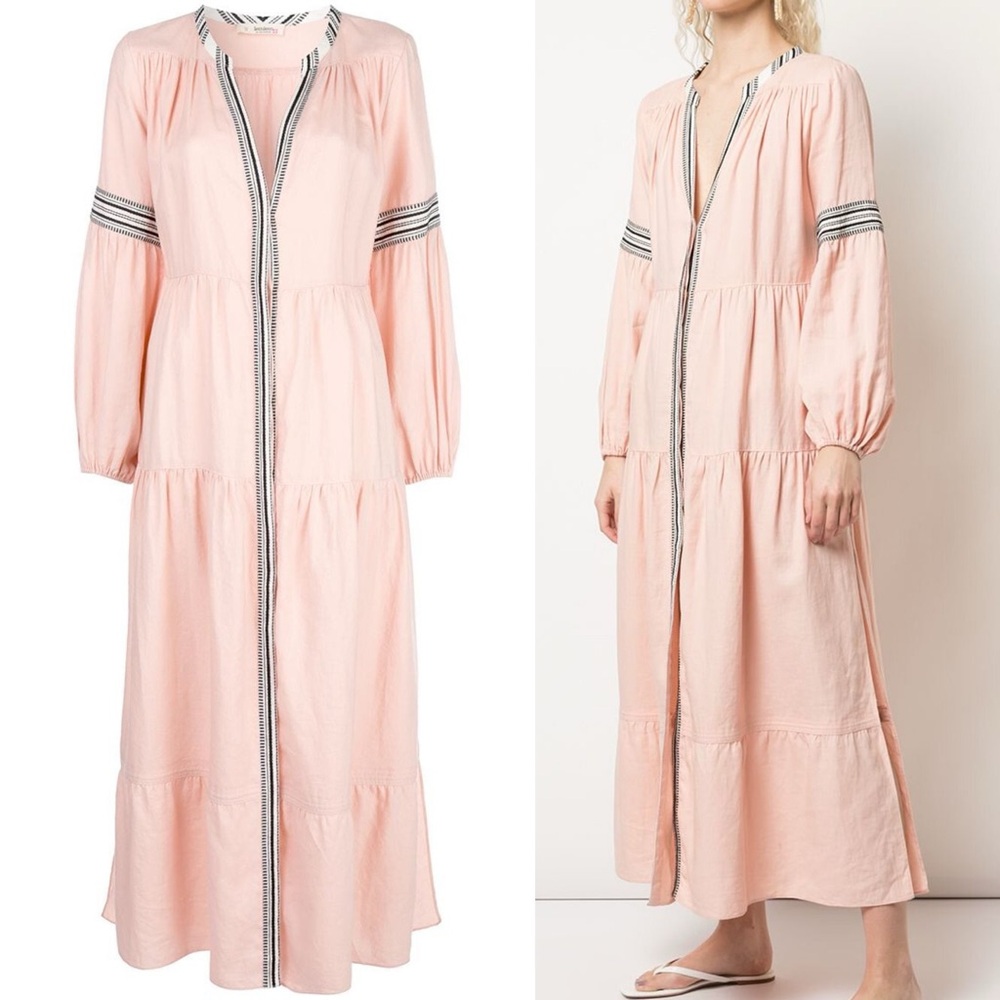 Lemlem Pale Pink Tiered Maxi Dress with Contrast Trim